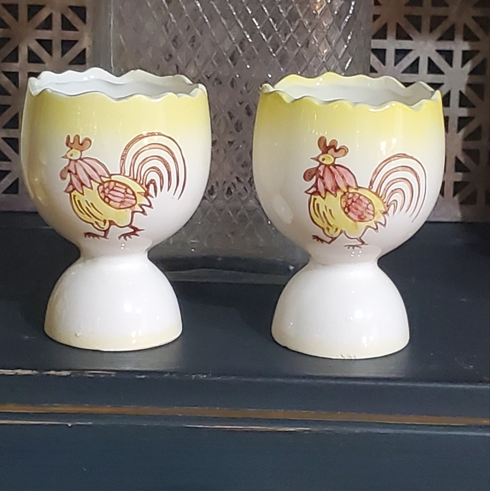 Set of two Vintage Porcelain Egg Holders Japan Rooster